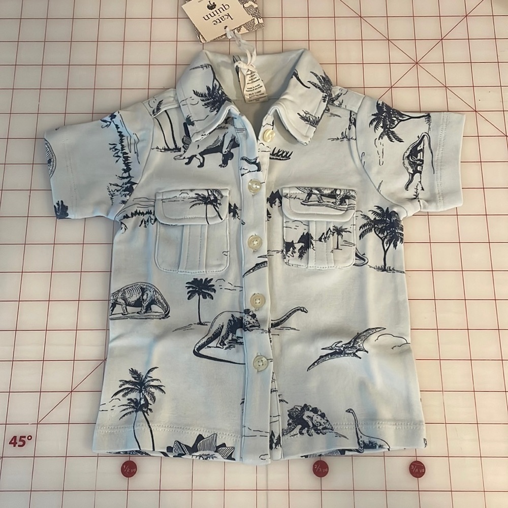 Blue Dinosaur Military Top Short Sleeve Kate Quinn NWT Cotton Button Front Shirt